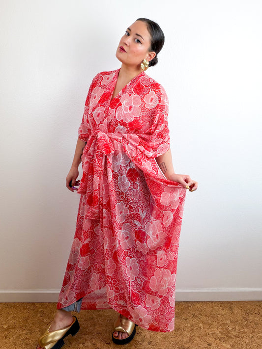 Print High Low Kimono Red Floral Chiffon