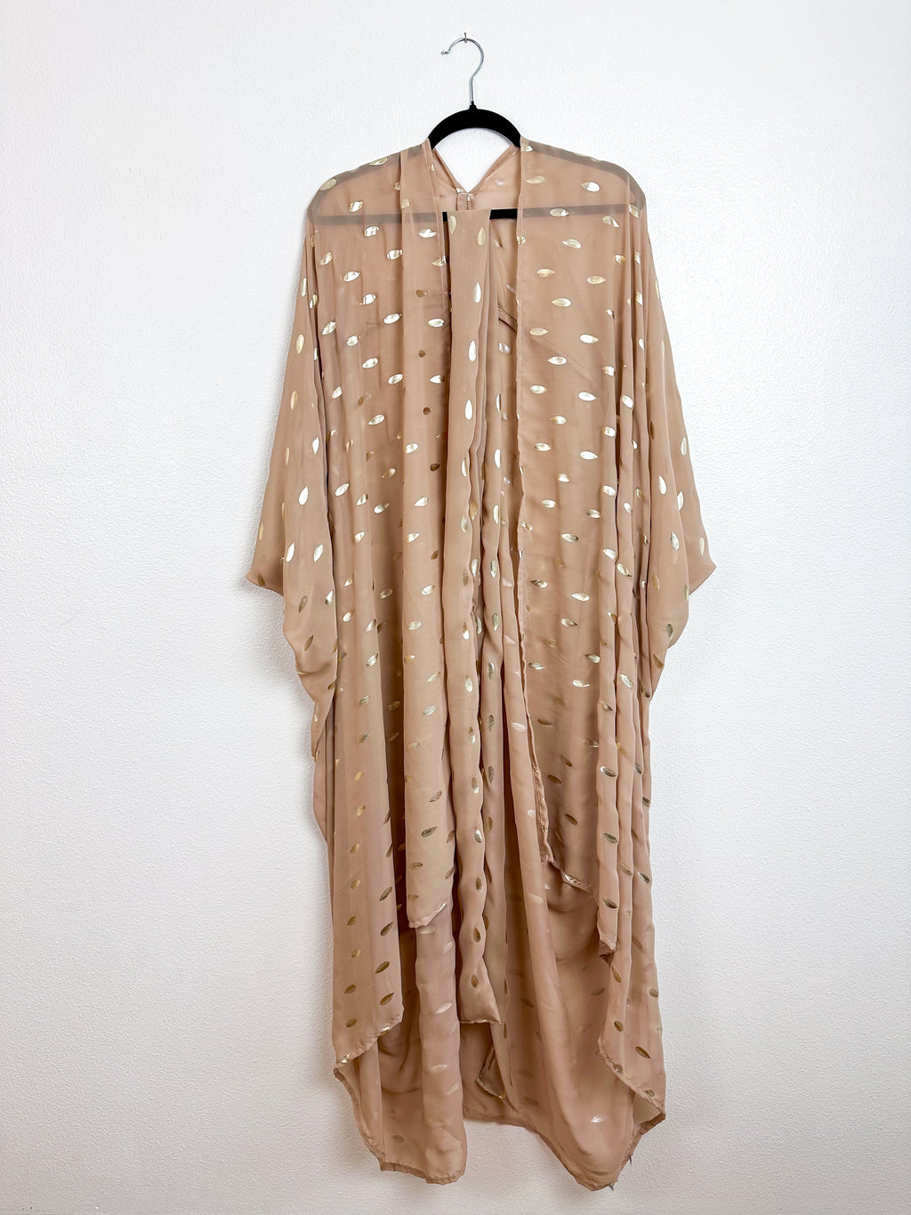 Print High Low Kimono Tan Gold Leaf Chiffon