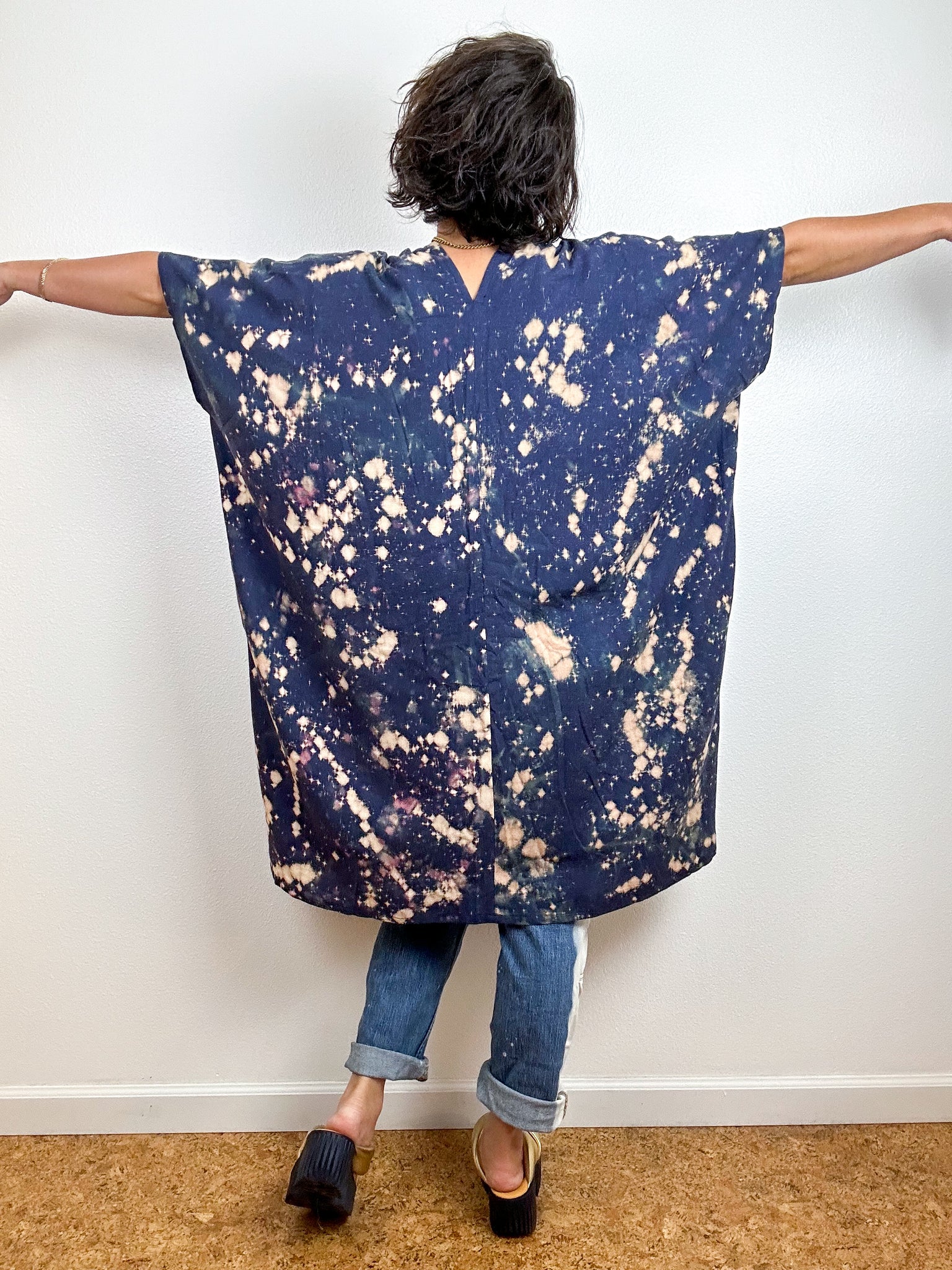 Oversized Hand-dyed Linen Blend Smock Dress Indigo Bleach Speckle