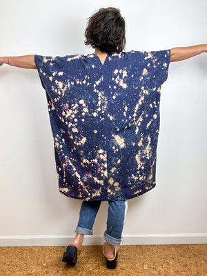 Oversized Hand-dyed Linen Blend Smock Dress Indigo Bleach Speckle