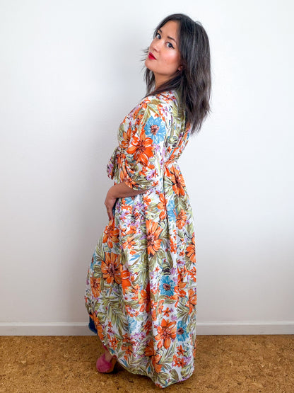 Print High Low Kimono Fall Painterly Floral Bubble Crepe