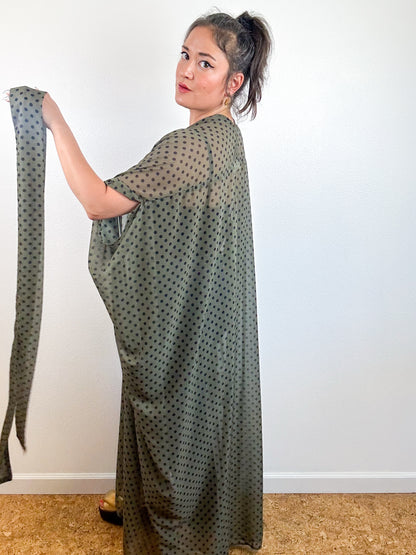 Print High Low Kimono Olive Polka Dots Chiffon