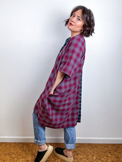 Oversized Plaid Smock Dress Navy Maroon