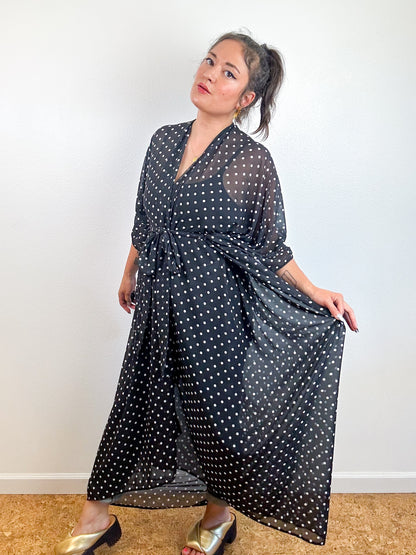 Print High Low Kimono Black Polka Dots Chiffon