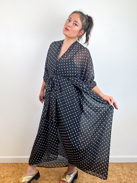 Print High Low Kimono Black Polka Dots Chiffon