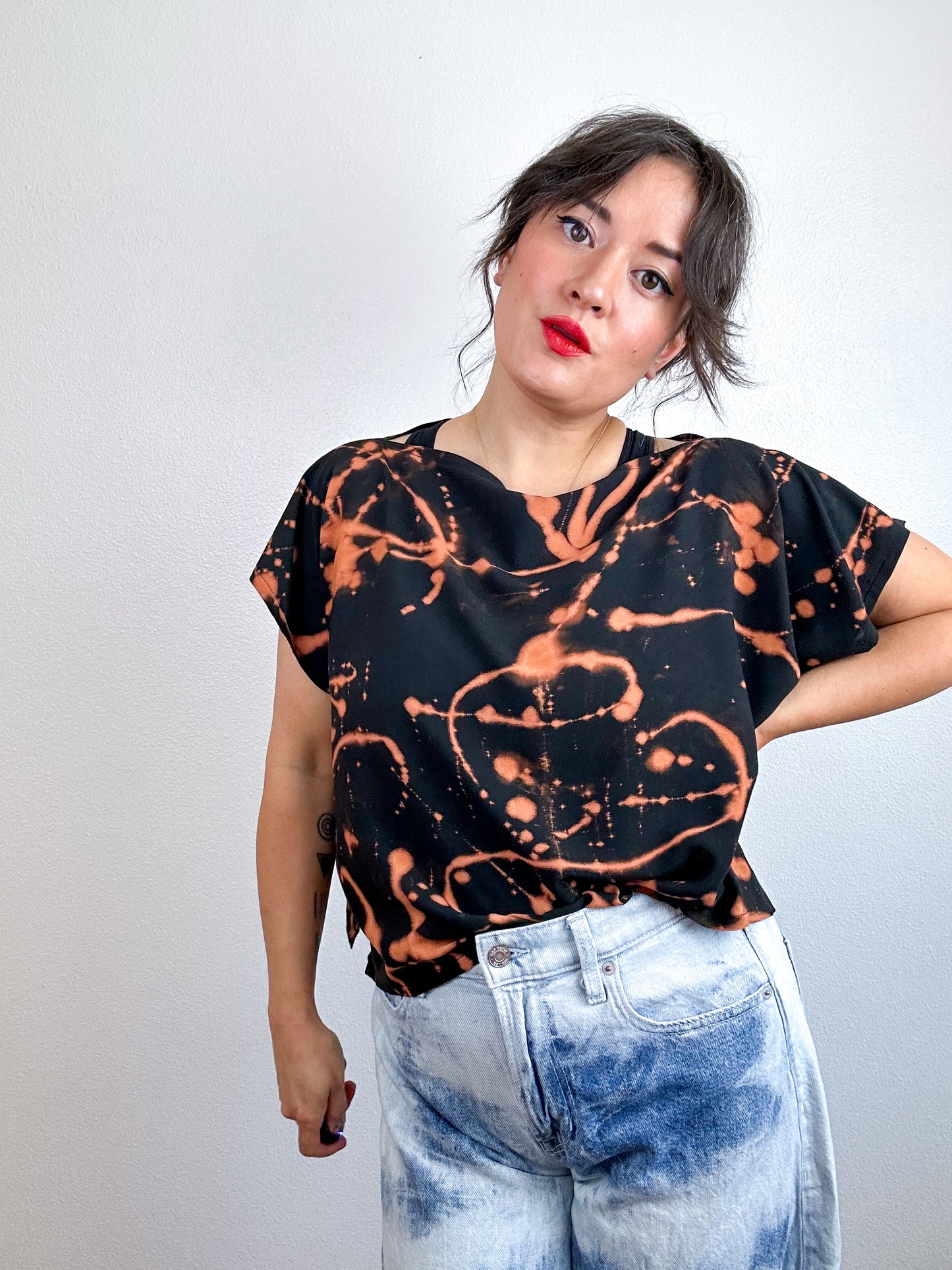 Hand-Dyed Bamboo Scrappy Crop Black Rust Splatter