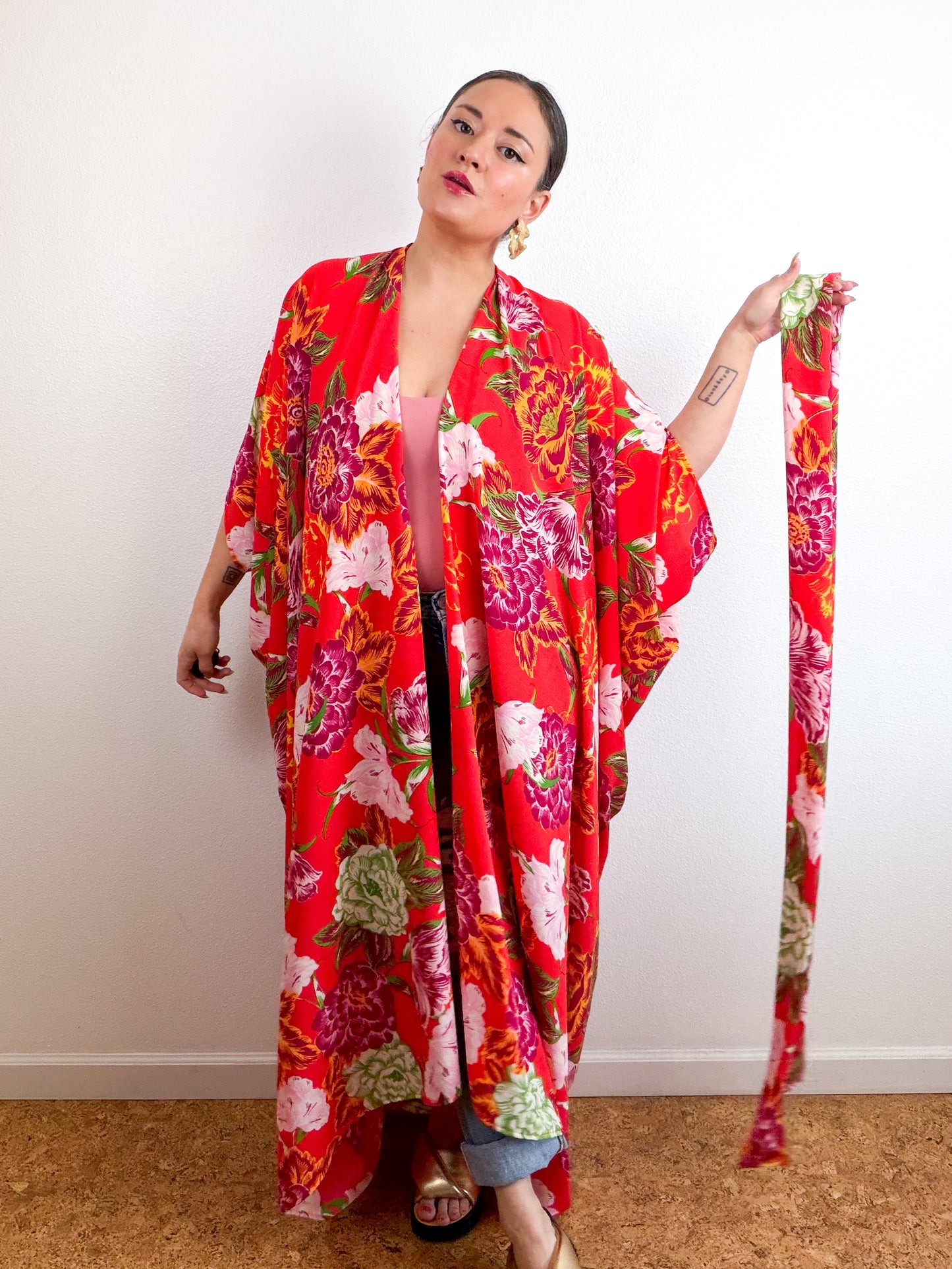 Print High Low Kimono Red Peony Bubble Crepe