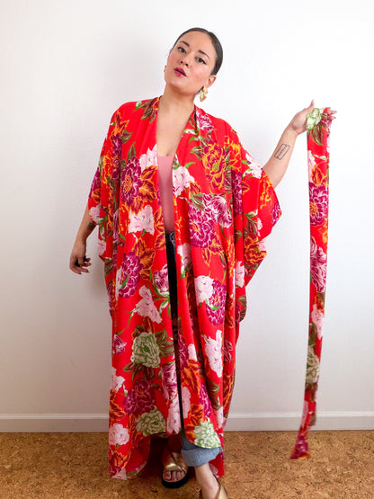Print High Low Kimono Red Peony Bubble Crepe