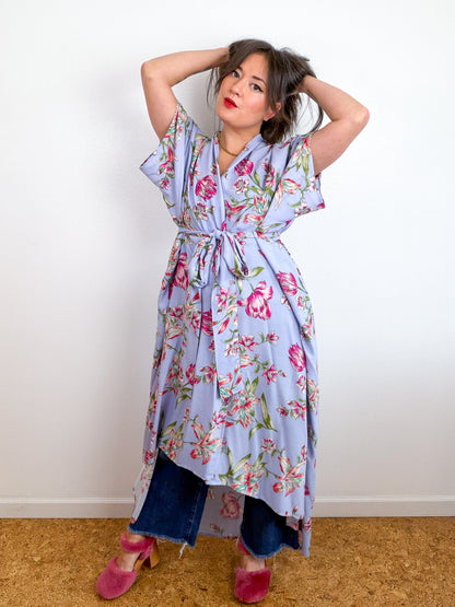 Print High Low Kimono Blue Freesia Crinkle Challis