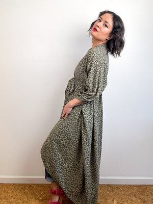 High Low Kimono Olive Leopard Bubble Crepe