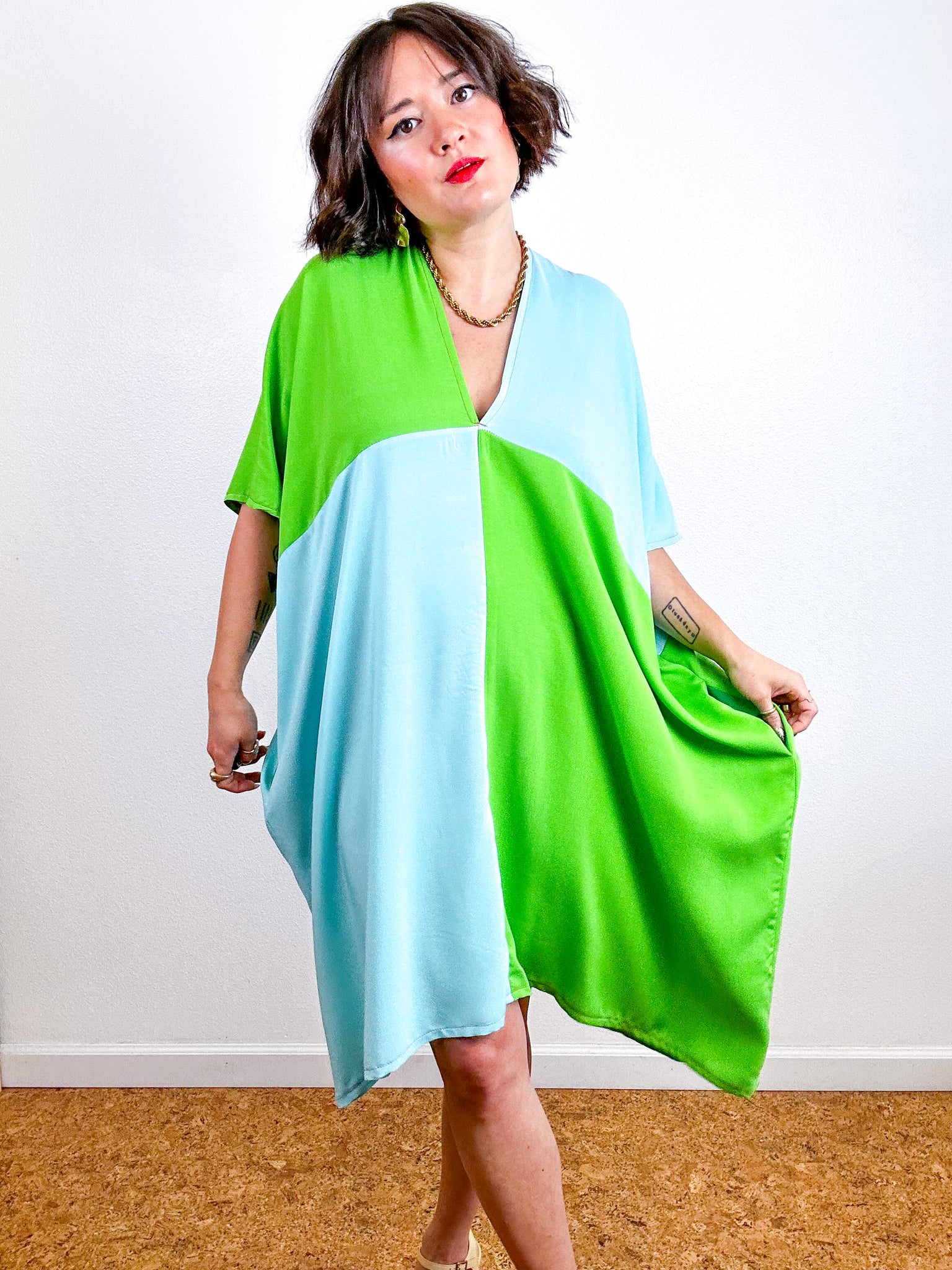 Color Block Mini Caftan Dress Lime Aqua