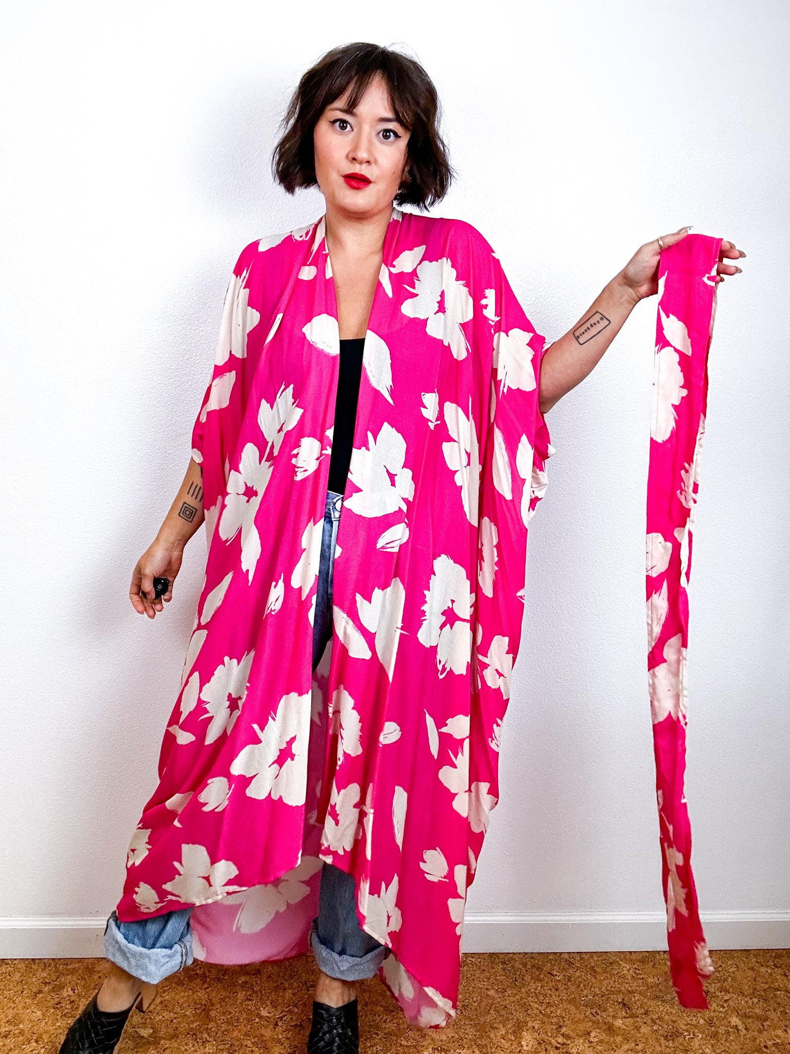 Print High Low Kimono Hot Pink Floral Crinkle Challis