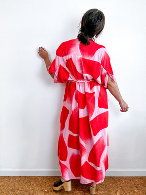 Hand-Dyed High Low Kimono Pink Scarlet Brush