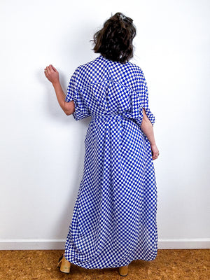 Print High Low Kimono Blue Checker Chiffon
