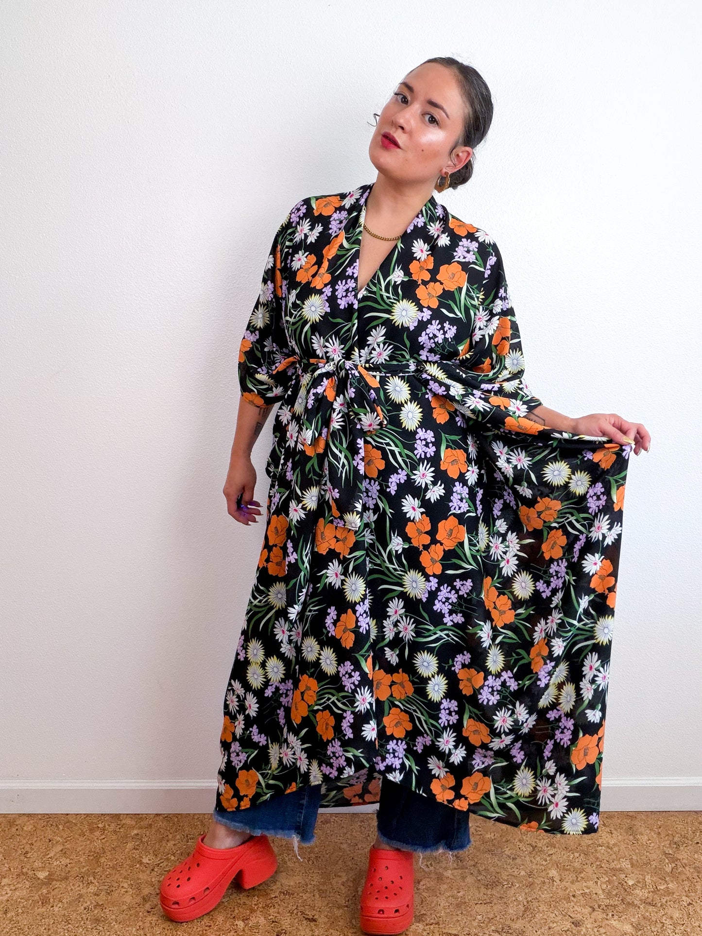 Print High Low Kimono Black Orange Wildflower Georgette