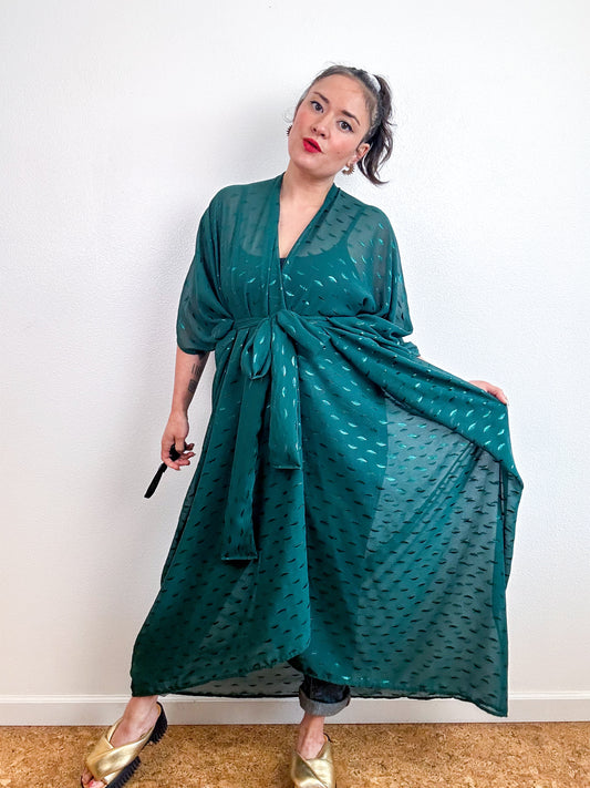 Print High Low Kimono Forest Metallic Crinkle Chiffon