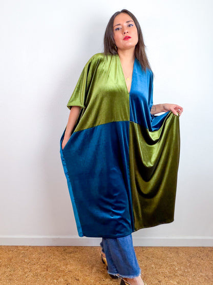 Velvet Caftan Dress Teal Olive Color Block