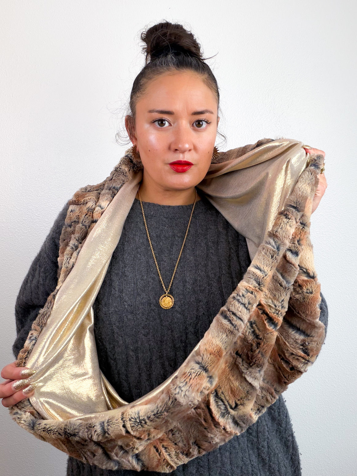 Faux Fur Circle Scarf Amber Metallic Gold