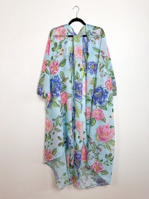 Print High Low Kimono Aqua Pink Floral Chiffon