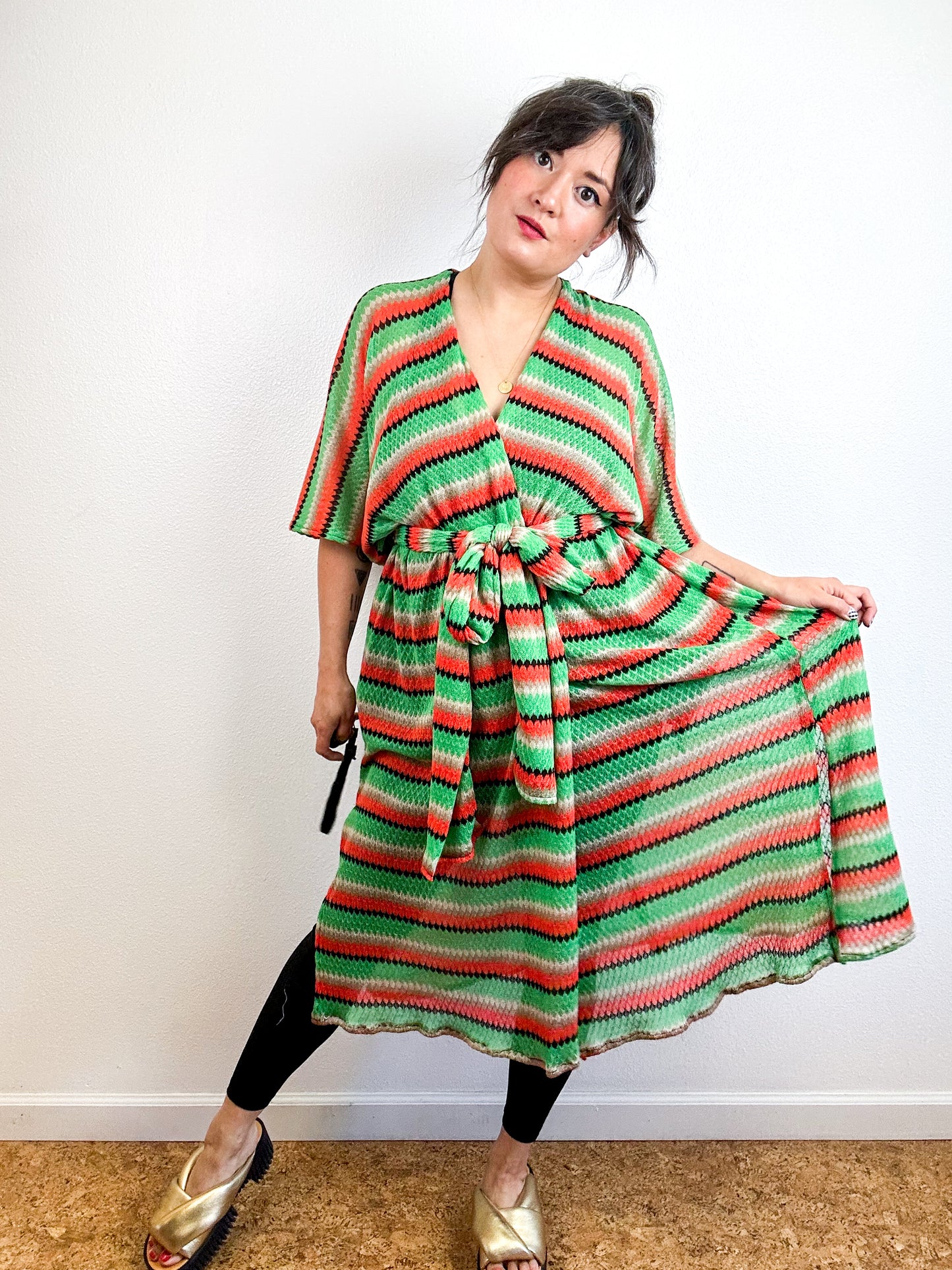 Print Duster Kimono Green Orange Stripe Crochet Knit