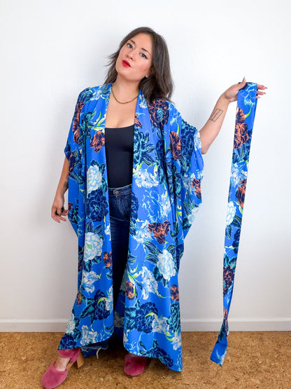 Print High Low Kimono Royal Blue Floral Bubble Crepe