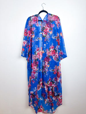 Print High Low Kimono Bright Blue Floral Chiffon