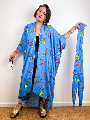 Print High Low Kimono Turquoise Floral Challis