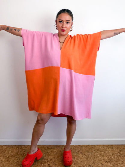 Linen Blend Caftan Dress Pink Orange Color Block