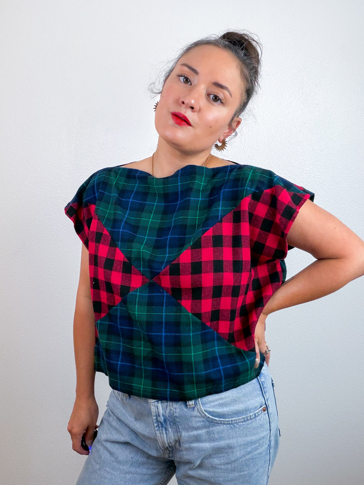 Plaid Flannel Flip Crop Red Green