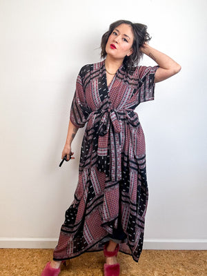 Print High Low Kimono Black Maroon Vintage Scarf Chiffon