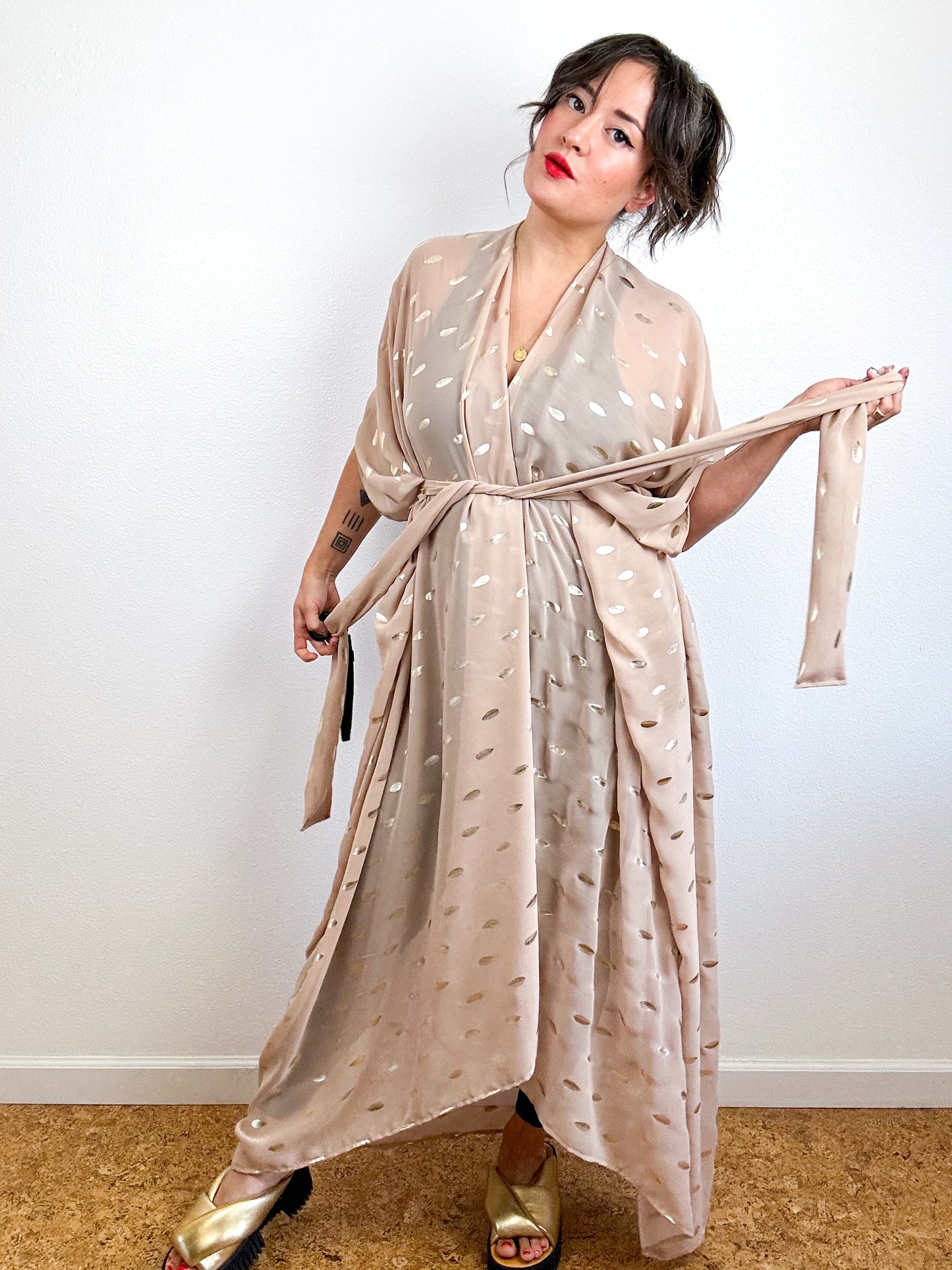 Print High Low Kimono Tan Gold Leaf Chiffon