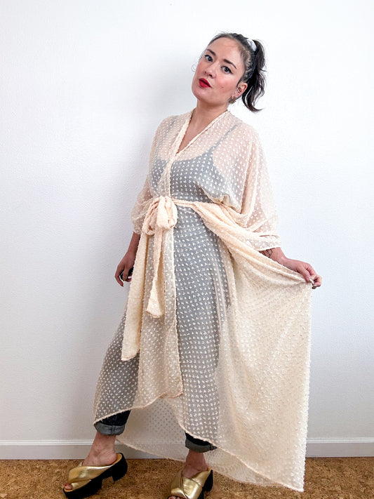Print High Low Kimono Ivory Boucle Dot Chiffon