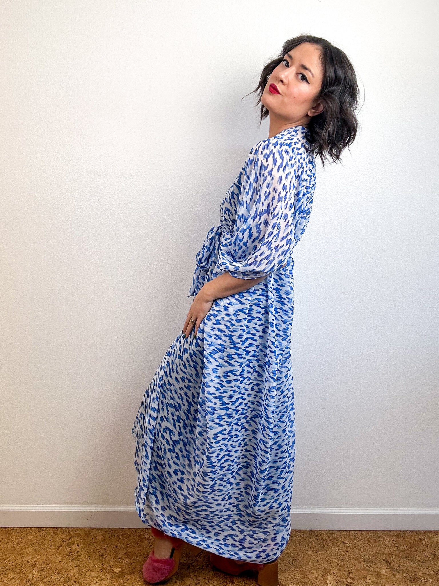 Print High Low Kimono Blue Petals Chiffon