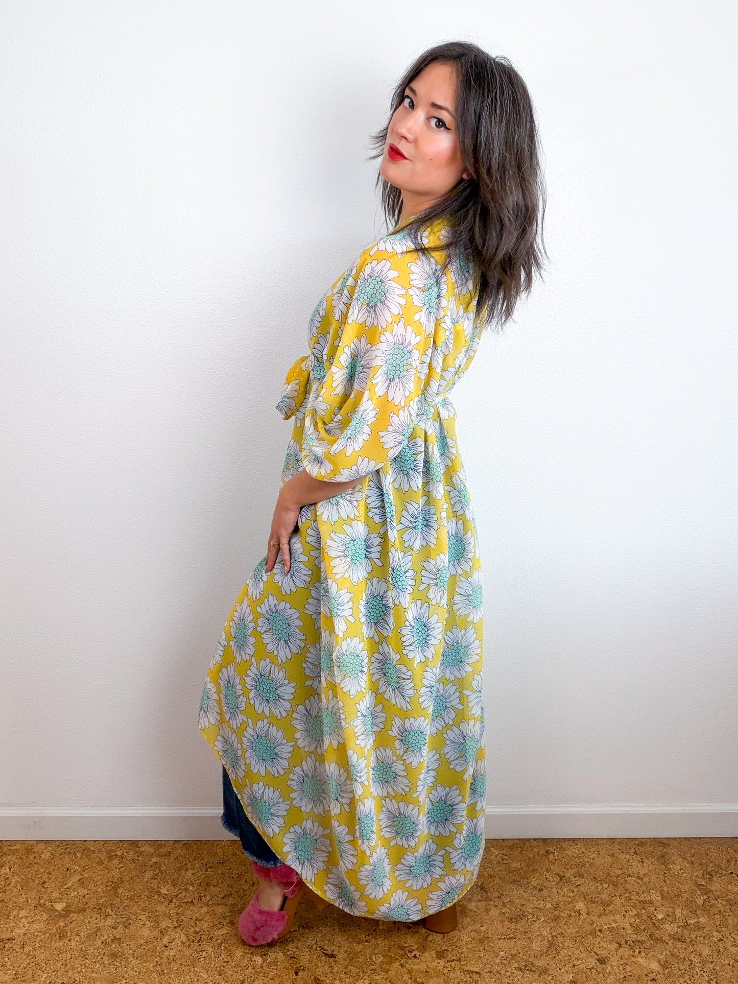 Print High Low Kimono Yellow Daisy Chiffon