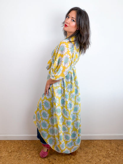 Print High Low Kimono Yellow Daisy Chiffon