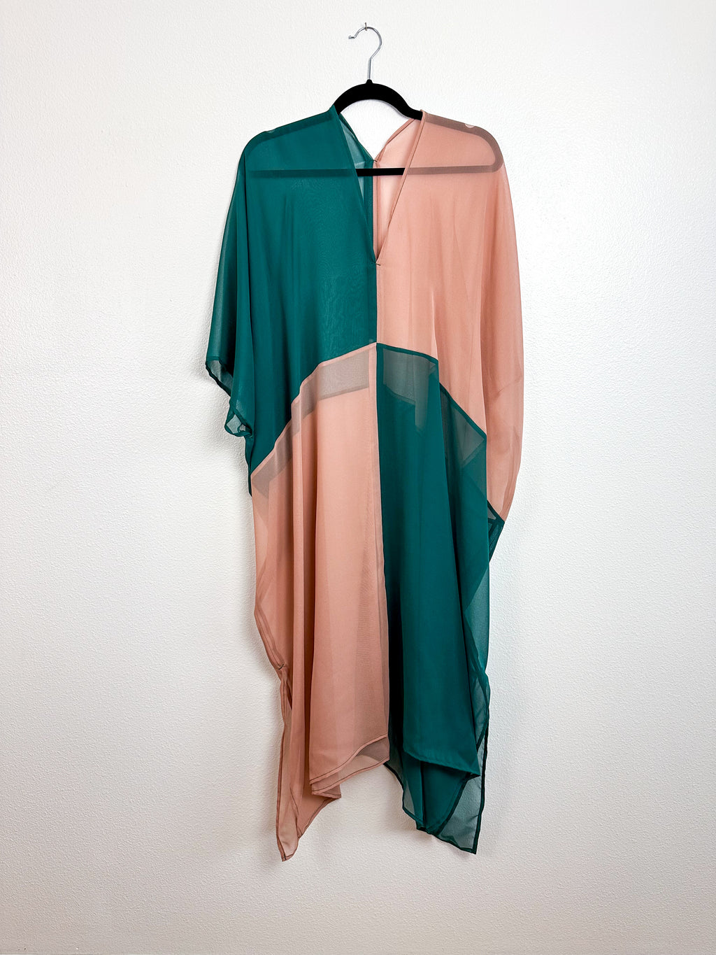 SILK Color Block Midi Caftan Dress Blush Teal