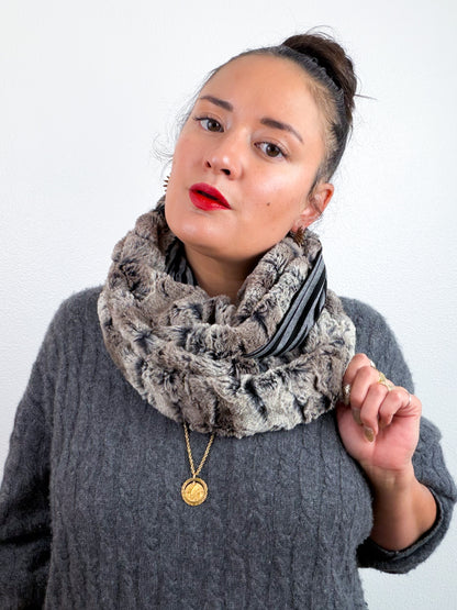 Faux Fur Circle Scarf Mocha on Black Pinstripes