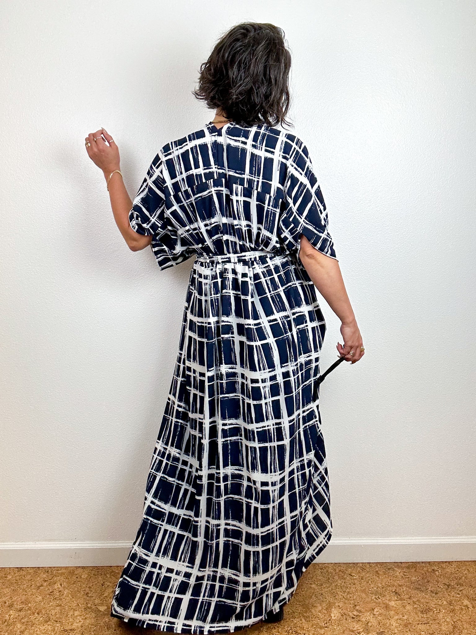 High Low Kimono Navy Grid Bubble Crepe