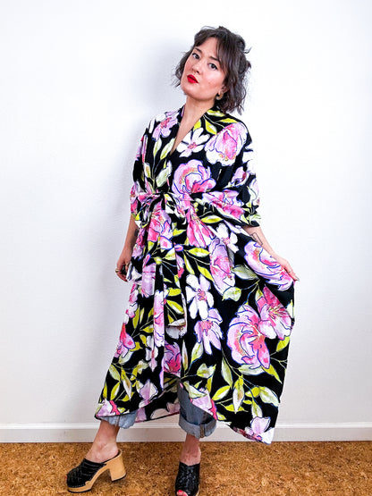 Print High Low Kimono Black Pink Peony Challis