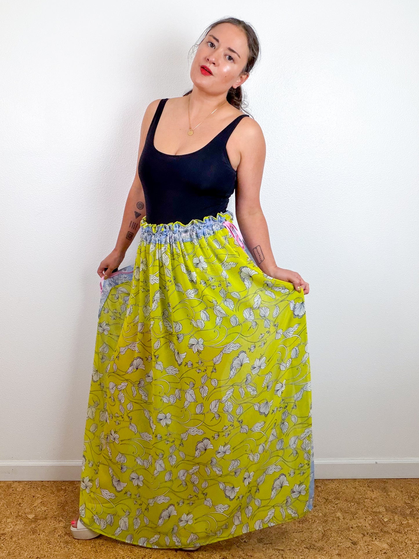 THE SKIRT Light Blue Lemon Yellow Floral Reversible Chiffon