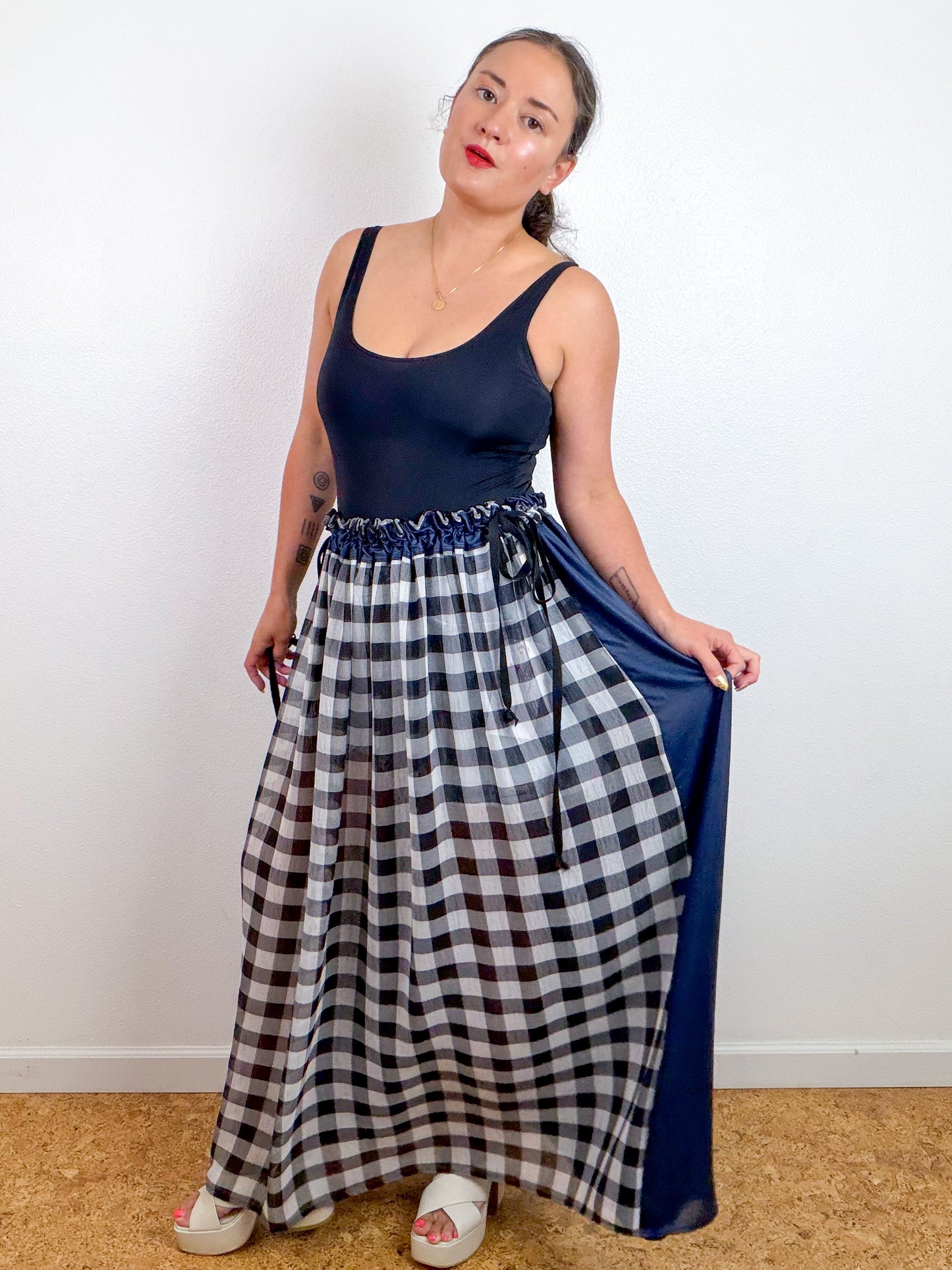 THE SKIRT Black Grey Gingham Metallic Navy Reversible Chiffon