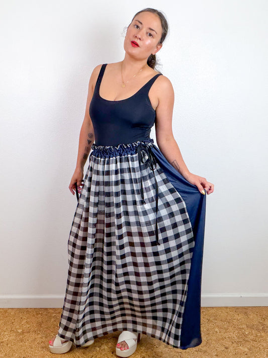 THE SKIRT Black Grey Gingham Metallic Navy Reversible Chiffon
