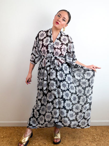 Print High Low Kimono Black Daisy Chiffon