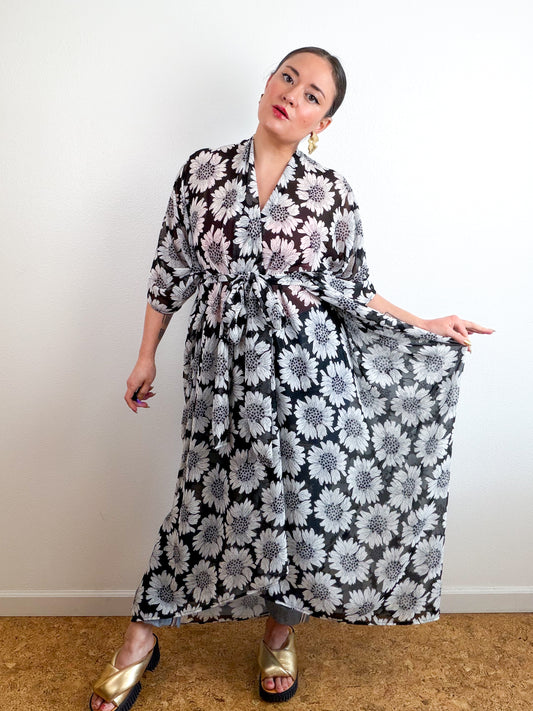 Print High Low Kimono Black Daisy Chiffon