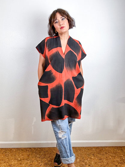 Hand-Dyed Mini Smock Dress Rust Black Brush