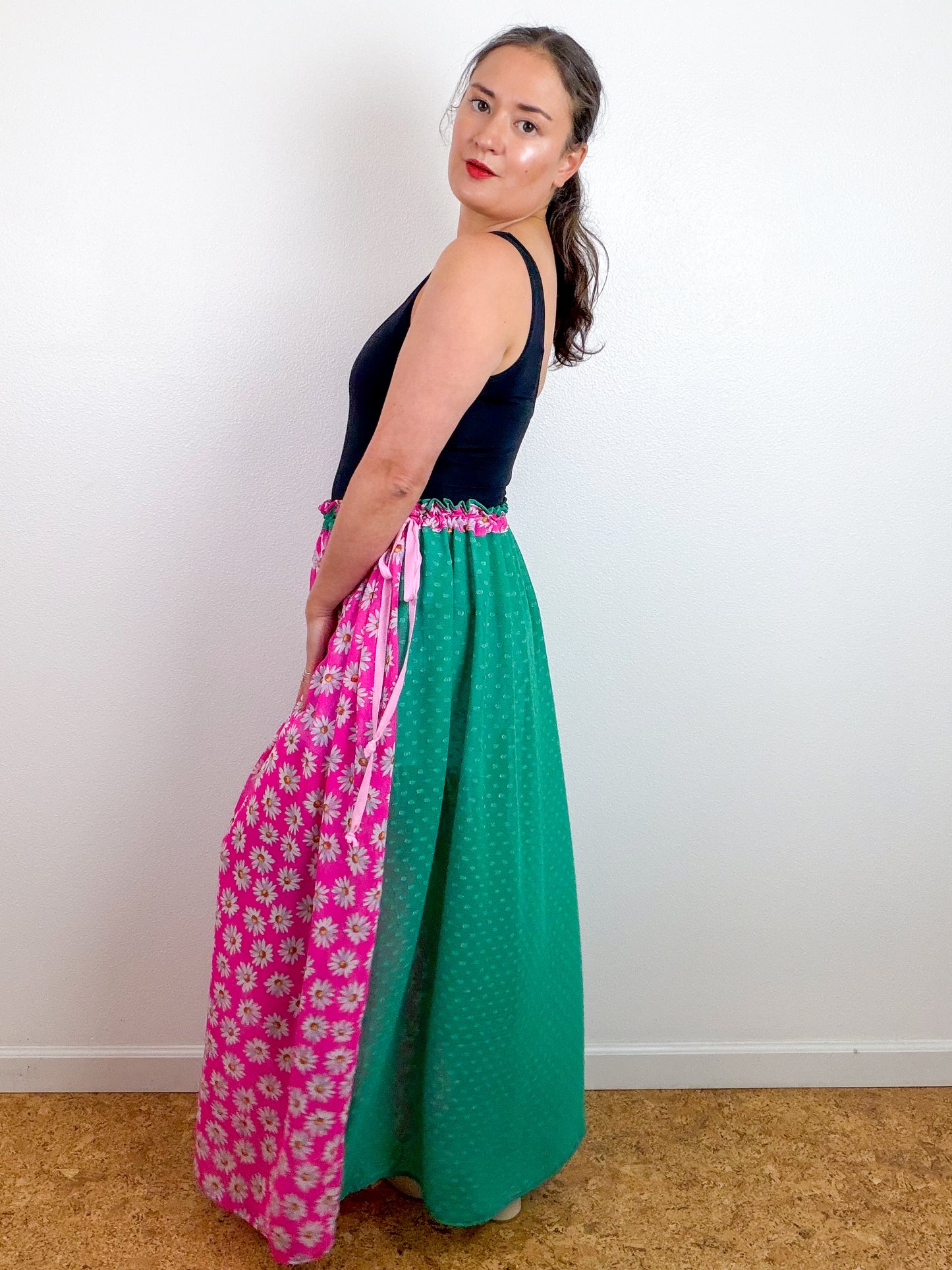 THE SKIRT Light Pink Daisy Green Swiss Dot Reversible Chiffon