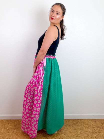 THE SKIRT Light Pink Daisy Green Swiss Dot Reversible Chiffon