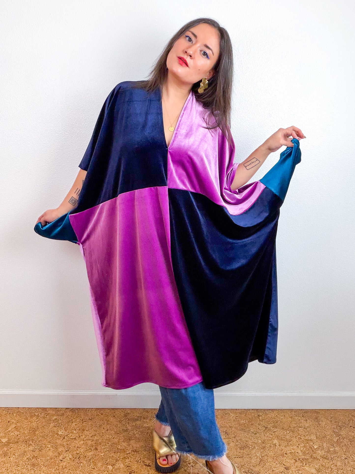 Velvet Caftan Dress Navy Lavender Color Block