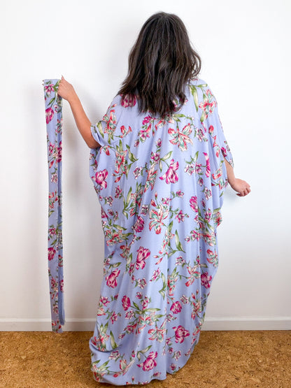 Print High Low Kimono Blue Freesia Crinkle Challis