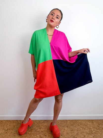 Linen Blend Caftan Dress Fuchsia Navy Green Orange Color Block